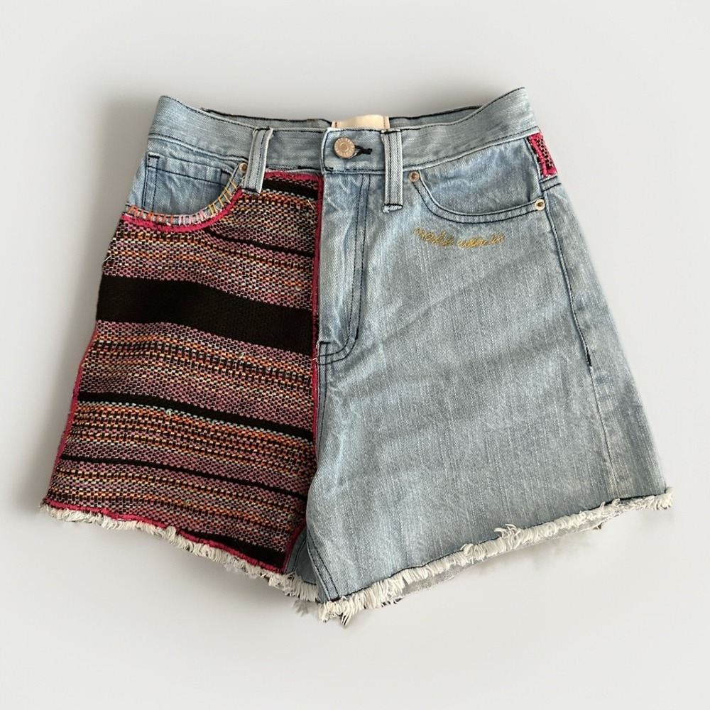 BDG‎ High Waist A-Line Jean Shorts 24 Patchwork Festival Boho Y2K Raw Hem